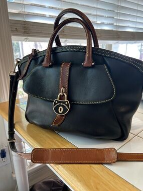 Dooney & Bourke Black Leather Satchel with Brown Trim and Gold Tone Lock